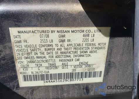 2009 Nissan Maxima 3.5 Sv from USA, damaged, VIN 1N4AA51E29C807713